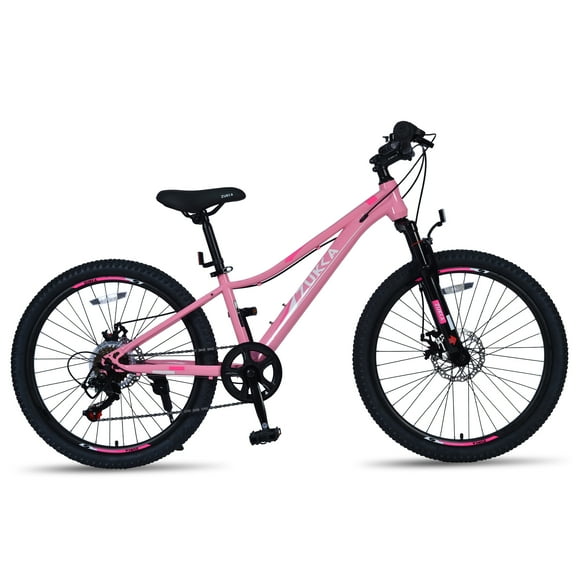 POVANLI 24 Inch Mountain Bike 6 Speed ​​Suspension Fork,Inflatabll Rubber Tires,Aluminum Alloy Rim,Steel Frame,Dual Disc Brake,Suitable for commuting to school and city riding,Gift(Yr 9-12)(Pink)