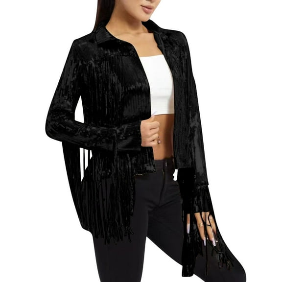 Womens Sequin Fringe Jacket Shiny Glitter Tassel Fringe Long Sleeve Sparkly Jackets Streetwear Coat Ladies Cropped Denim Jacket Black XXL