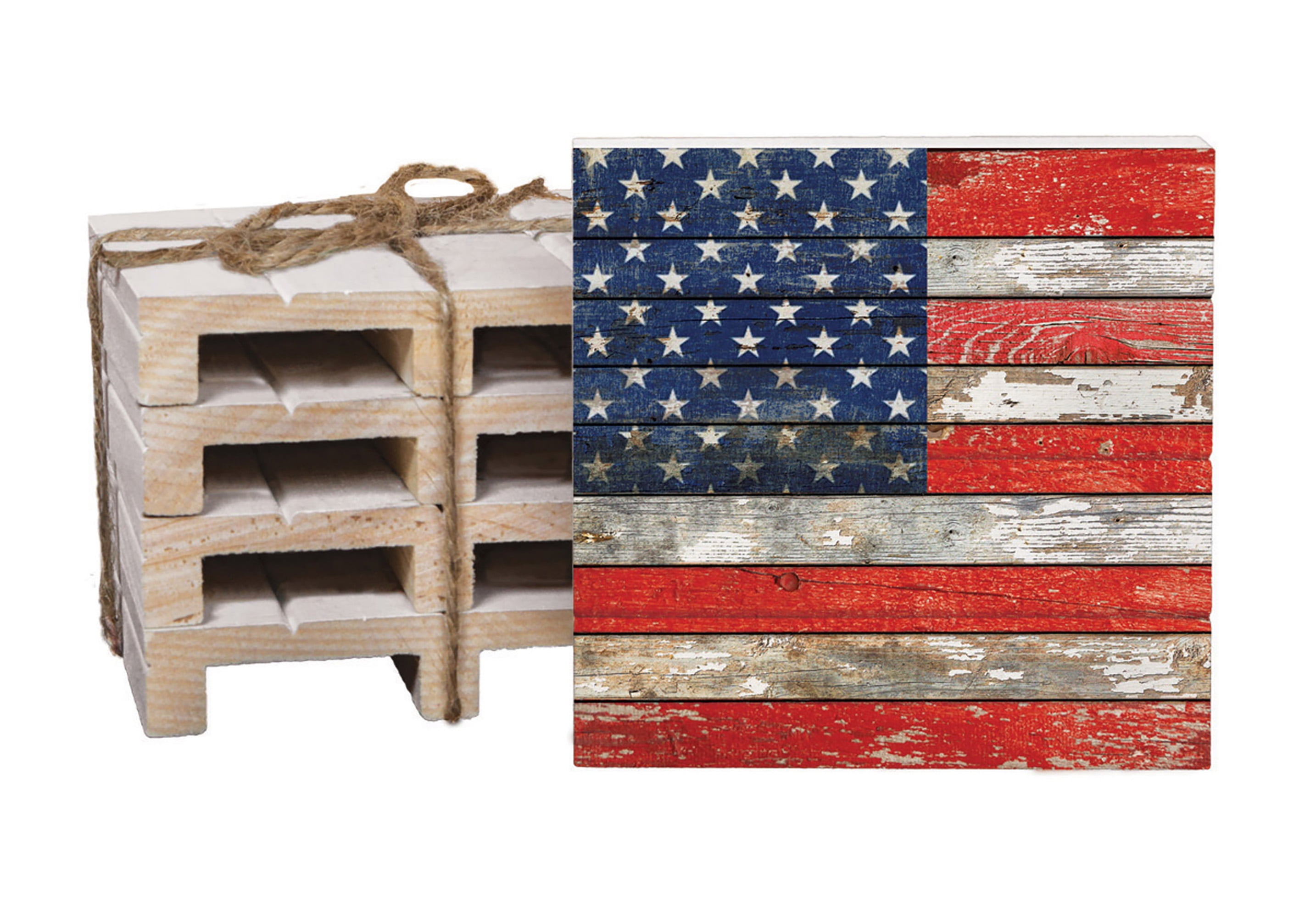 Pack of 4 P Graham Dunn American Flag Weathered Old Glory 4 x 4 Inch Dried Pine Wood Pallet Coaster 