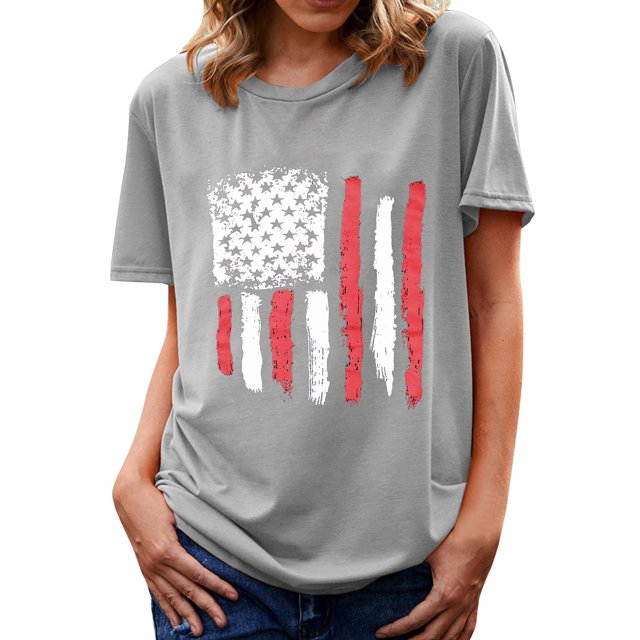 Independence Day Chemises pour Femmes Imprimé Drapeau Américain Été Col Rond Manches Courtes Tunique Blouse Patriotique Tee