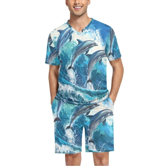 joogoo Men's Pajama Set Dolphins Jumped with Wave V-Neck Pj Shorts Set 2 Piece Loungewear Sleepwear L