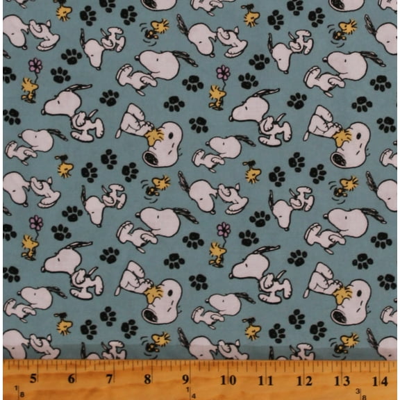 Cotton Peanuts Comics Characters Snoopy and Woodstock Playing Paw Prints on Blue Kids Cotton Fabric Print by the Yard (69399-1600715)