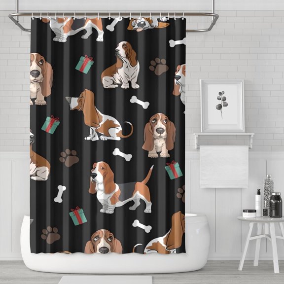 Basset Hounds with Bones and Presents Shower Curtain 72"x72" ,Bathroom Decorative Shower Curtains Set with 12 Hooks,Modern Waterproof Washable Shower Curtain