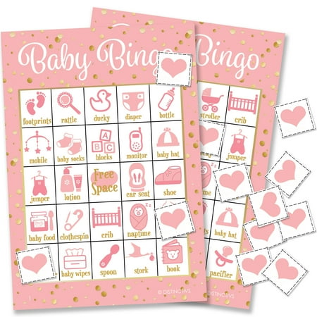 - Pink and Gold It’s a Girl Baby Shower Bingo, 24 Game Cards