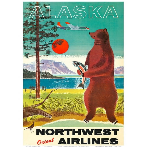 Alaska - Northwest Orient Airlines - Kodiak Alaskan Brown Grizzly Bear - Vintage Airline Travel Poster c.1960s - Master Art Print (Unframed) 9in x 12in