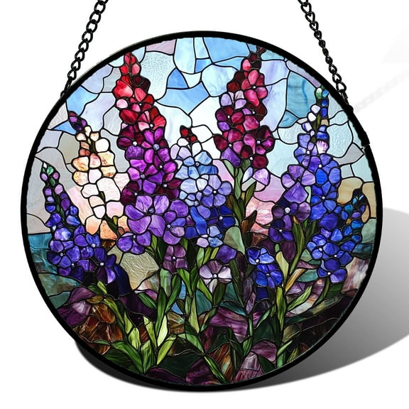 Stained Glass Window Hanging - Purple Delphinium Flower Suncatcher for Door Garden Home Decor Retro Sun Catchers Christmas Mother's Day Birthday Gifts for Women Men Mom Nana Friend