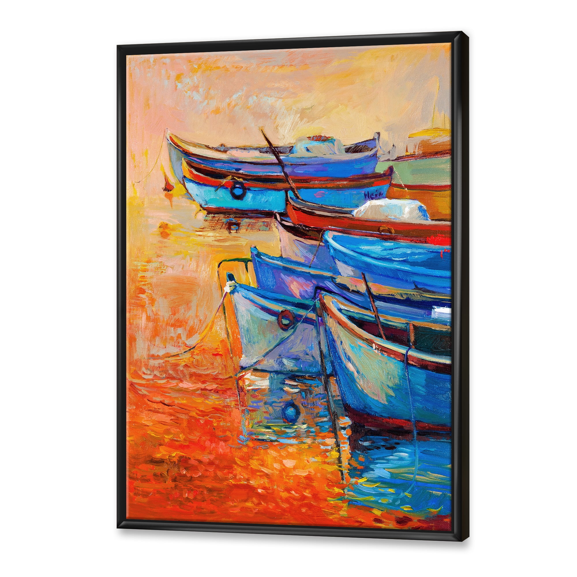Boats During Warm Sunset Resting On The Water VIII 24 in x 32 in Framed Painting Canvas Art Print, by Designart