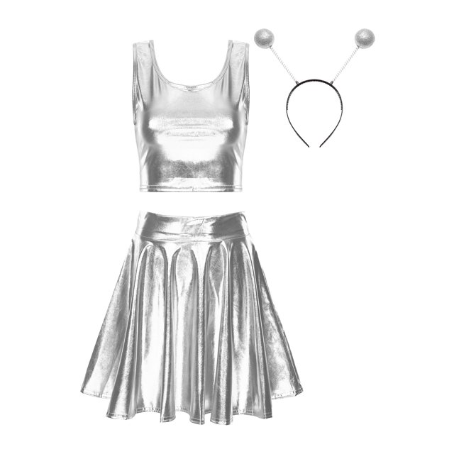 YONGHS Women's Alien Set Cheer Leader Outfit Metallic Crop Tank Top with Ruffle Skirt Hair Hoop Silver L