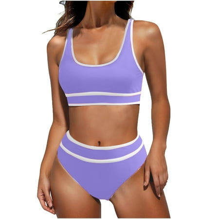 Ohufall High Waisted Womens Bikini Sets Sporty Two Piece Swimsuits for Women Color Block High Cut Bathing Suits