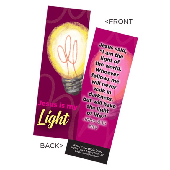Children's Christian Bookmark, Jesus is My Light, John 8:12 - Pack of 25