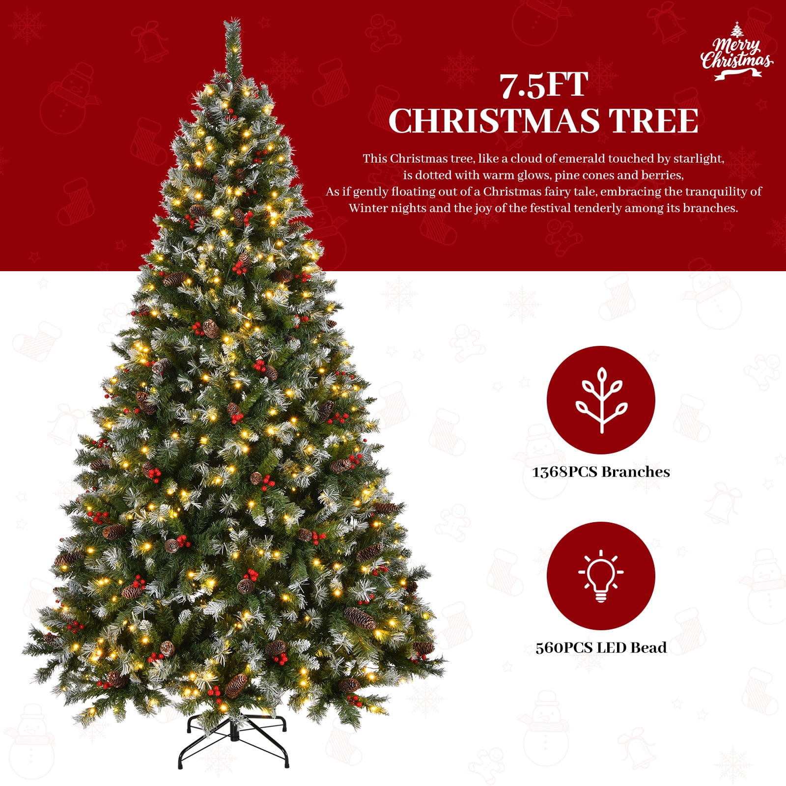 Pre-Lit Artificial Christmas Tree 7.5 ft Green PVC with Lights, Berries, Pinecones