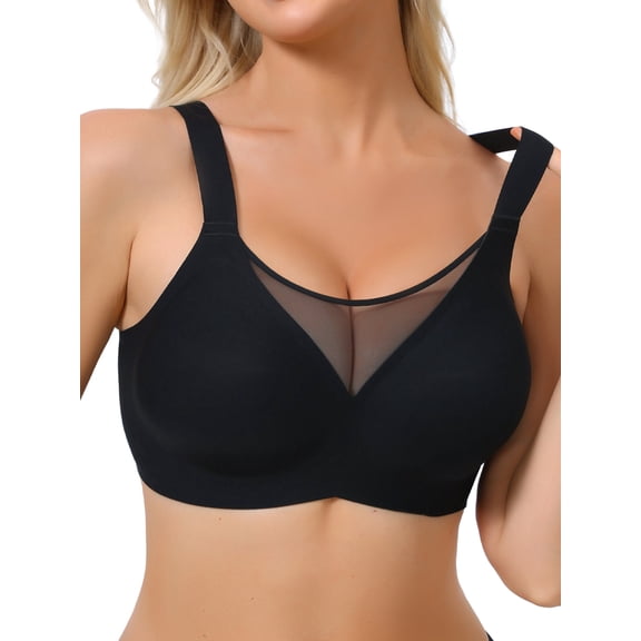 INSPIRE CHIC Plus Size for Women's Mesh V-Neck Wirefree Seamless Soft Bras Full Coverage Minimizers S Black