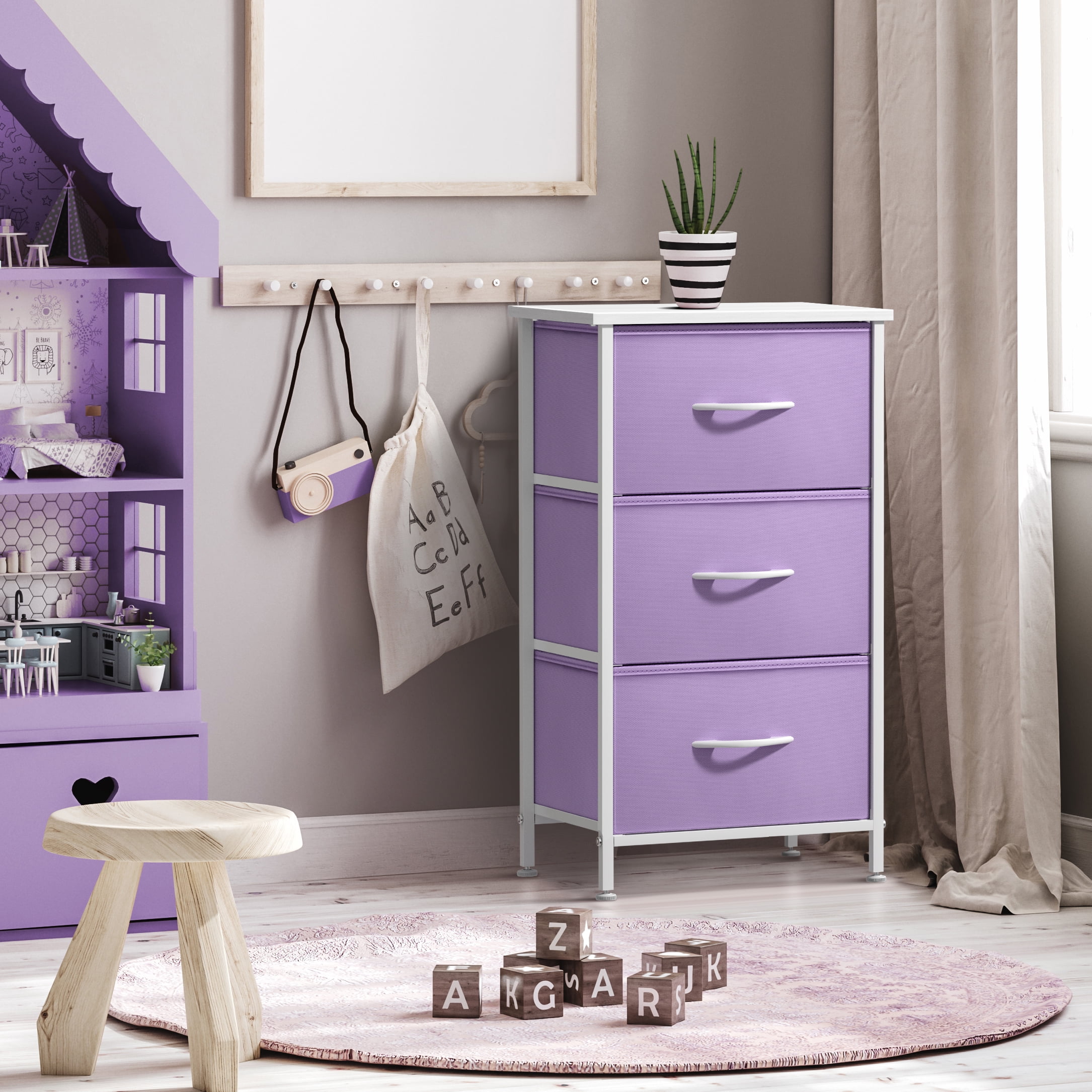Sorbus 3-Drawer Nightstand with Steel Frame, Wood Top, Fabric Bins, Purple