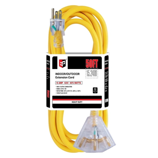 Cable de extensión EP 15 A 125 V, 1875 W, 50 pies, calibre 12 con 3 salidas
