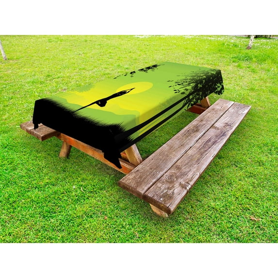 Yoga Outdoor Tablecloth, Meditating Lady Under Sunset Sky in Forest Serenity Balance Soul Nature Art, Decorative Washable Fabric Picnic Table Cloth, 58 X 84 Inches,Green Black Yellow, by Ambesonne
