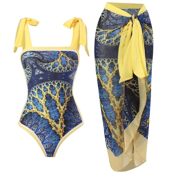 Women's Fashion One-Piece Swimsuit Set With sheer Bikini Cover Up