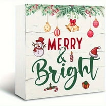 Merry & Bright Rustic Christmas Wooden Box Sign - Snowman、Candy Canes & Pine Branches Design, Holiday Gift for Families, Indoor、Outdoor Decor, 5x5 Inch