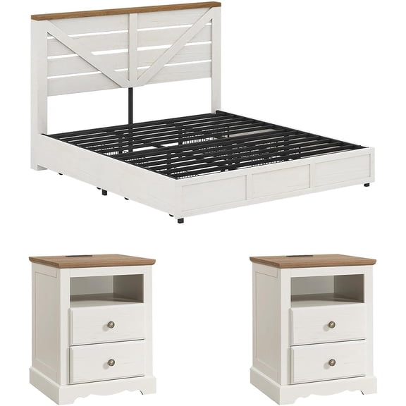 VanAcc 3 Piece Bedroom Set, Including Farmhouse Queen Bed Frame with 4 Drawers, 2 Nightstands with Charging Station for Bedroom, White