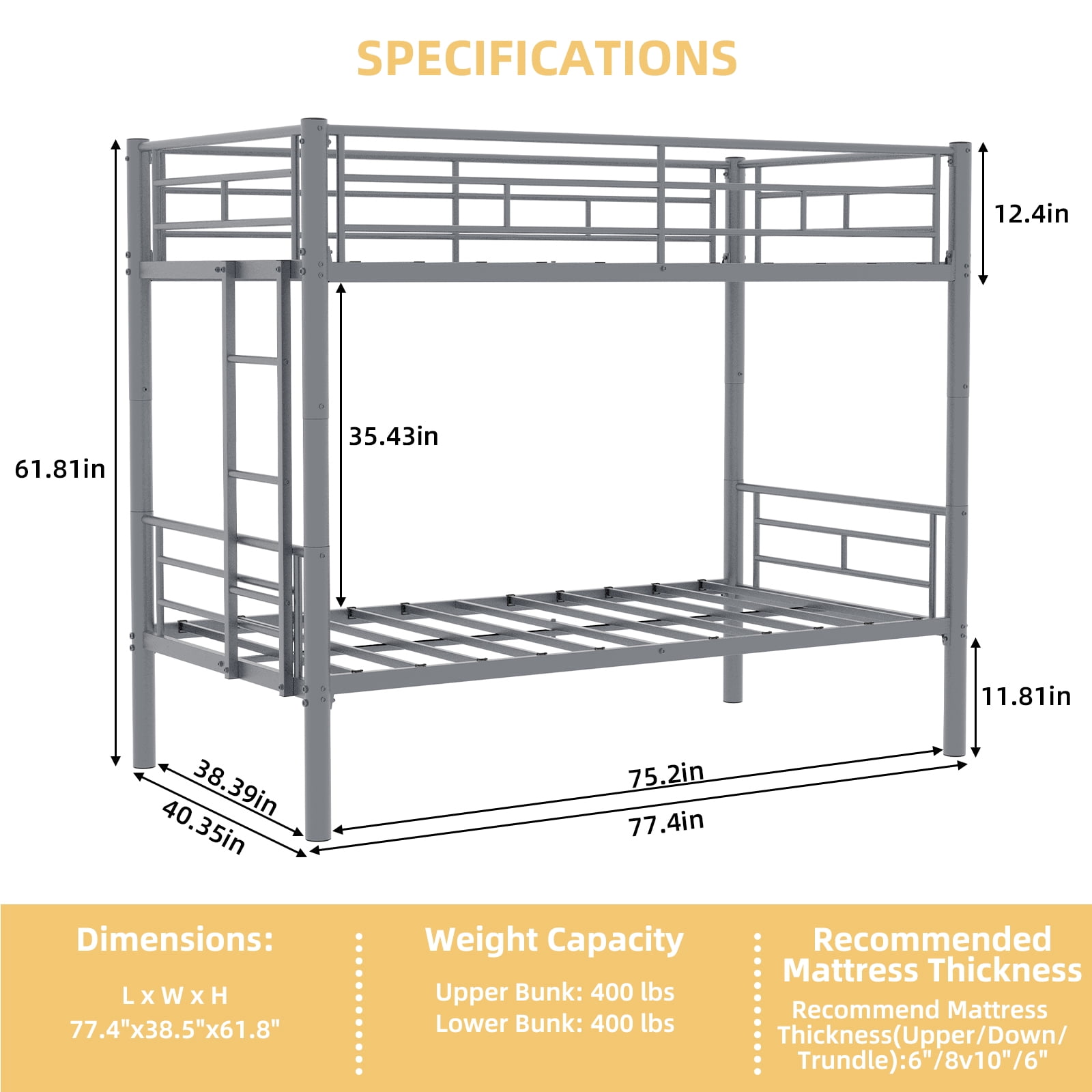 Twin Over Twin Metal Bunk Bed for Kids, Rust-Resistant Powder-Coated Steel Frame with Full-Length Safety Guardrail & Wide Step Ladder, Converts to Two Beds, Silver