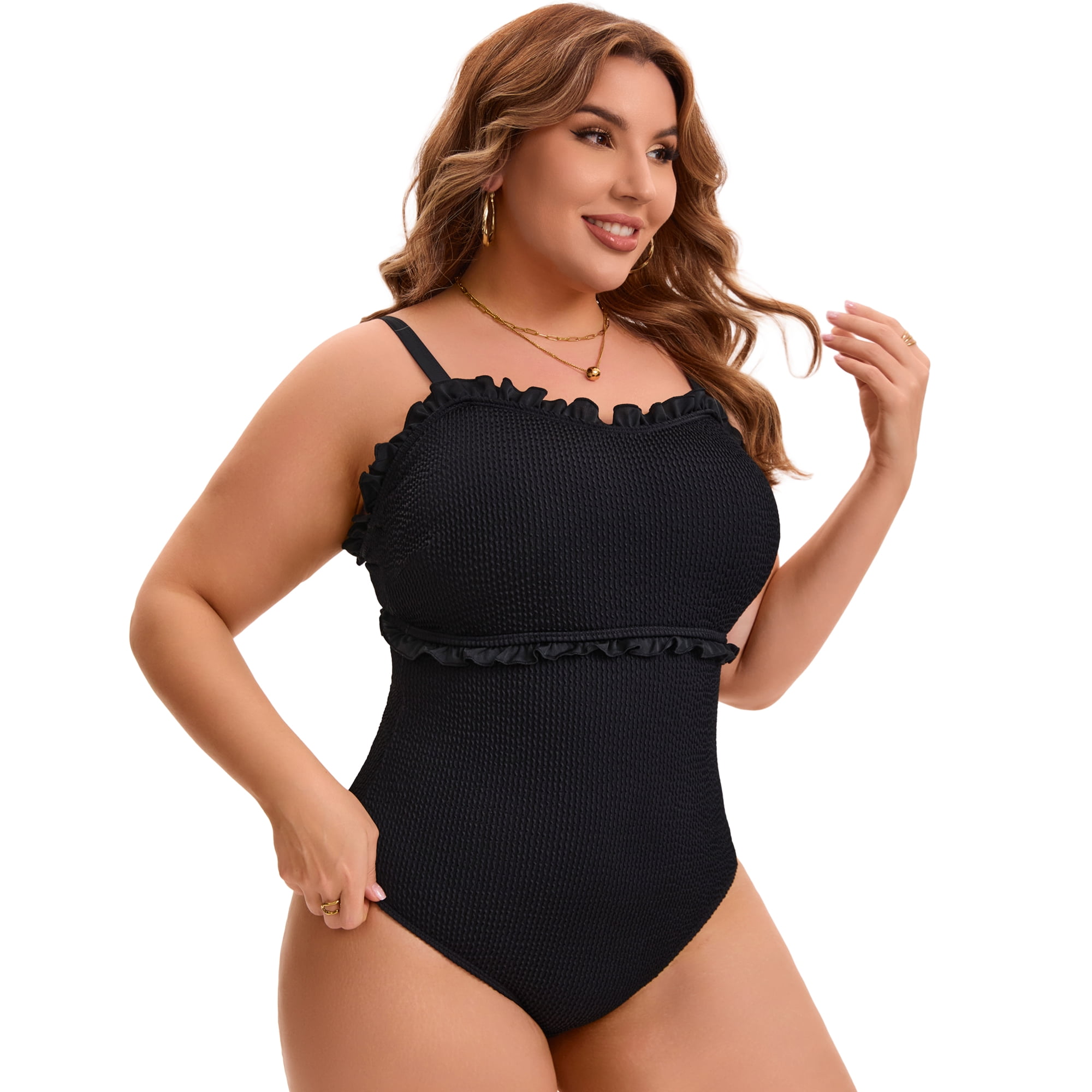 DARING DIVA Women's Plus 1 Pc Bathing Suit Ribbed Monikini Tummy Control 2X Black