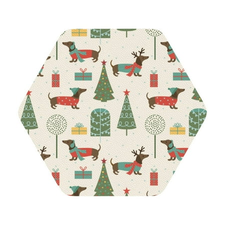

Matuu Christmas Dachshund Dog for Cup Coasters Set of 6 Leather Coasters Desk Coasters for Office Measures 4” x 4” Hexagon