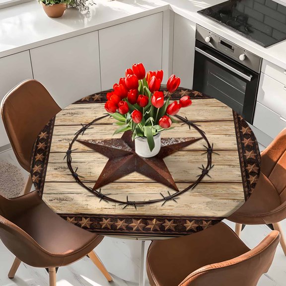 Farmhouse Texas Star Elastic Fitted Round Tablecloth Vintage Brown Waterproof Outdoor Table Cover for Holiday Party, Picnic, Patio & Dining Fits Tables Up to 36"-44"
