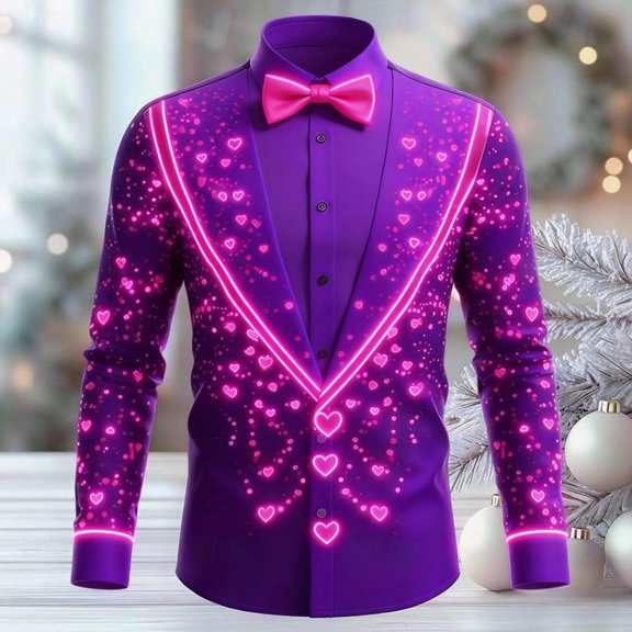 HOWPAY Men's Dress Shirts Valentines Graphic Slim Fit Shirts Long Sleeve Button down Stretch Casual Lightweight Holiday Party Fall Clothes Purple L