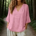 thumbnail image 2 of Miluxas Women's Summer V Neck 3/4 Sleeve Blouse Comfy Linen Blend Loose Fit Casual Tunic Shirts Pink, 2 of 8