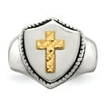 thumbnail image 6 of Primal Steel Stainless Steel with 14 Karat Yellow Gold Accent Antiqued Cross on Shield Ring, 6 of 11