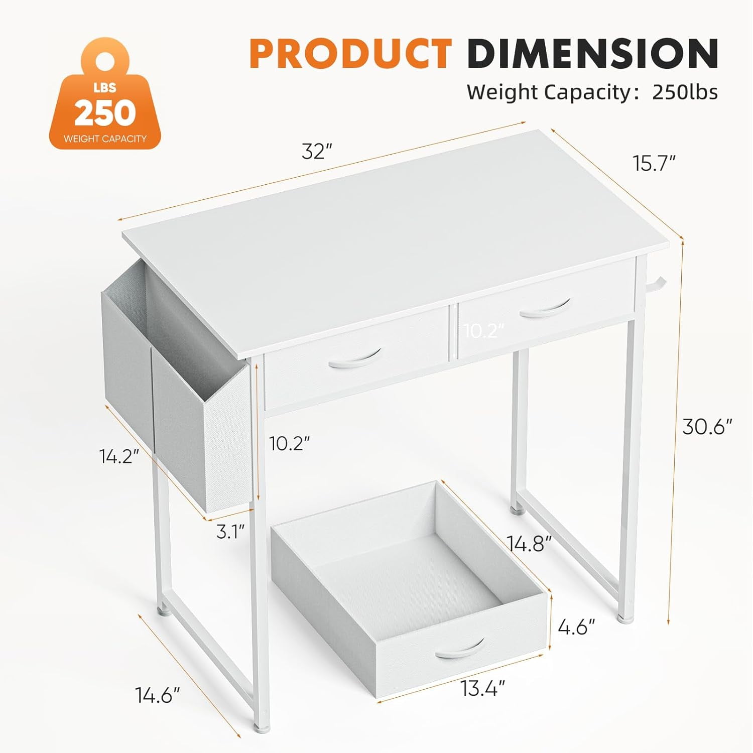 Blorly 32" Computer Desk, Small Desk with Fabric Drawers, Easy Assembly for Small Space, Bedroom, Home Office, White