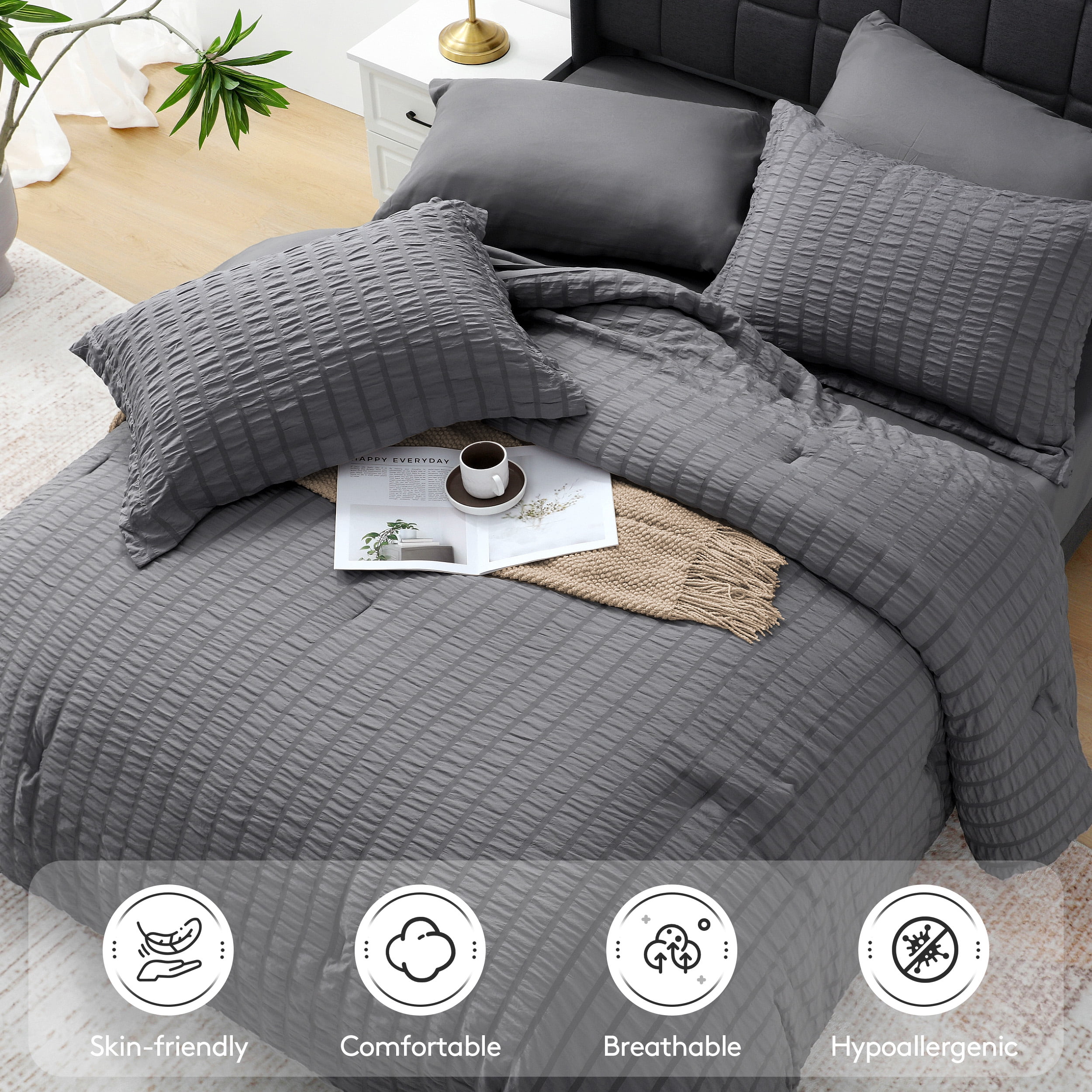 Vccoem 7 Piece Queen Comforter Set, Bed in a Bag with Sheets, Pillowcases & Shams, All Season Soft Bedding, Cozy and Lightweight, Machine Washable, Gray