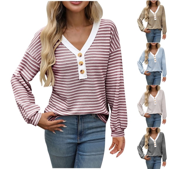 yillto Women Striped Top Ribbed V Neck Button Long Sleeve Textured Blouse Loose Casual Pullover Shirts