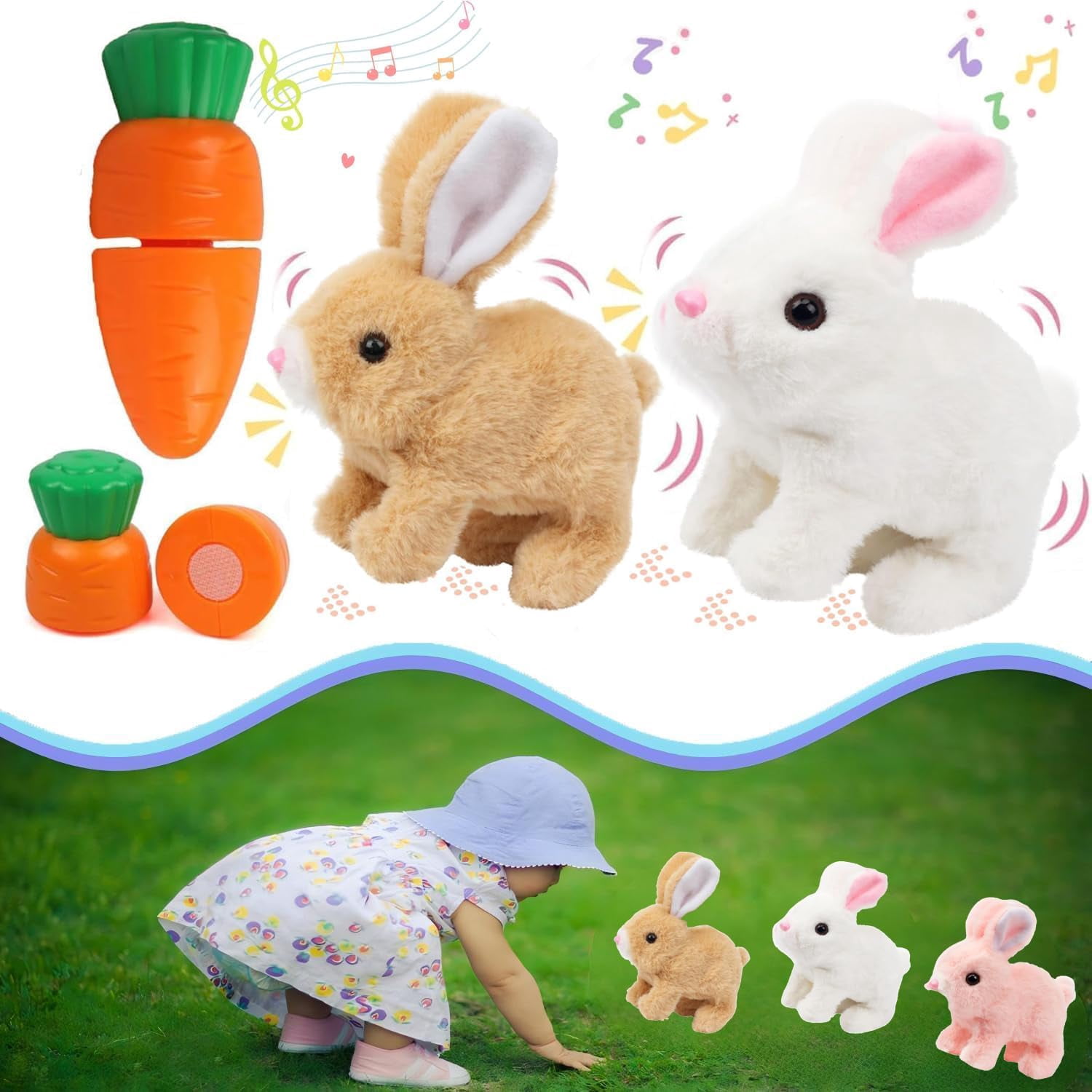Hopping Bunny Toy, Easter Rabbit Interactive Electronic Pet Plush Bunny Toys with Sounds, Jumping, Twitching Ears - Easter Gifts for Kids (Brown)