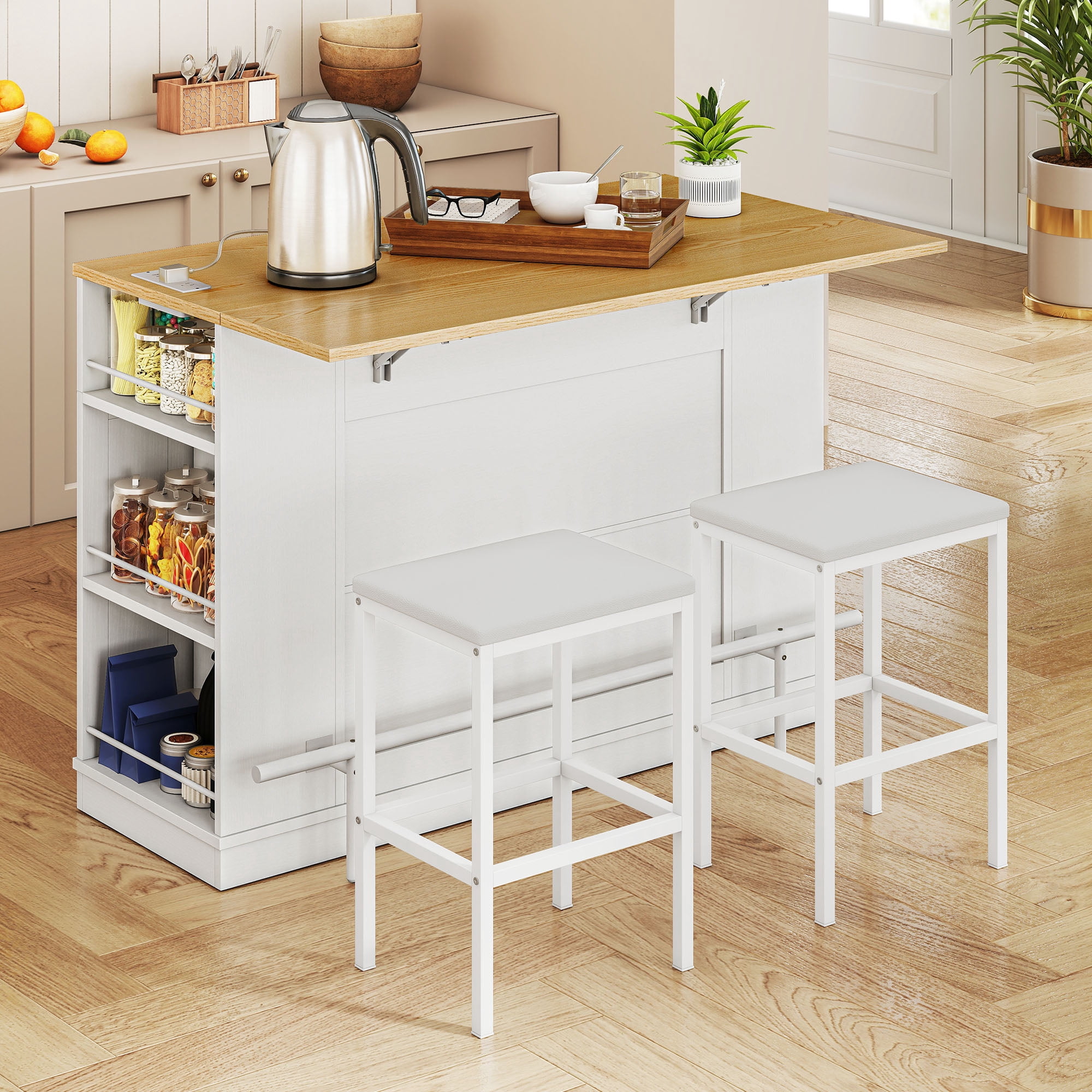 Uforic 47 Inch Storage Kitchen Island Island with Foldable Drop Leaf & Power Outlet, Spice Rack, 2 Upholstered Stools & Footrest for Kitchen Dining Room,White Oak