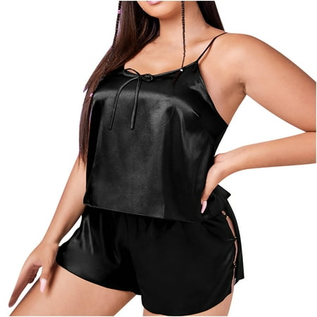 

Women s Plus Size Satin Pajamas Set Sleepwear Sexy Lingerie Cami Shorts Set Nightwear Solid Casual Loose Home Clothes