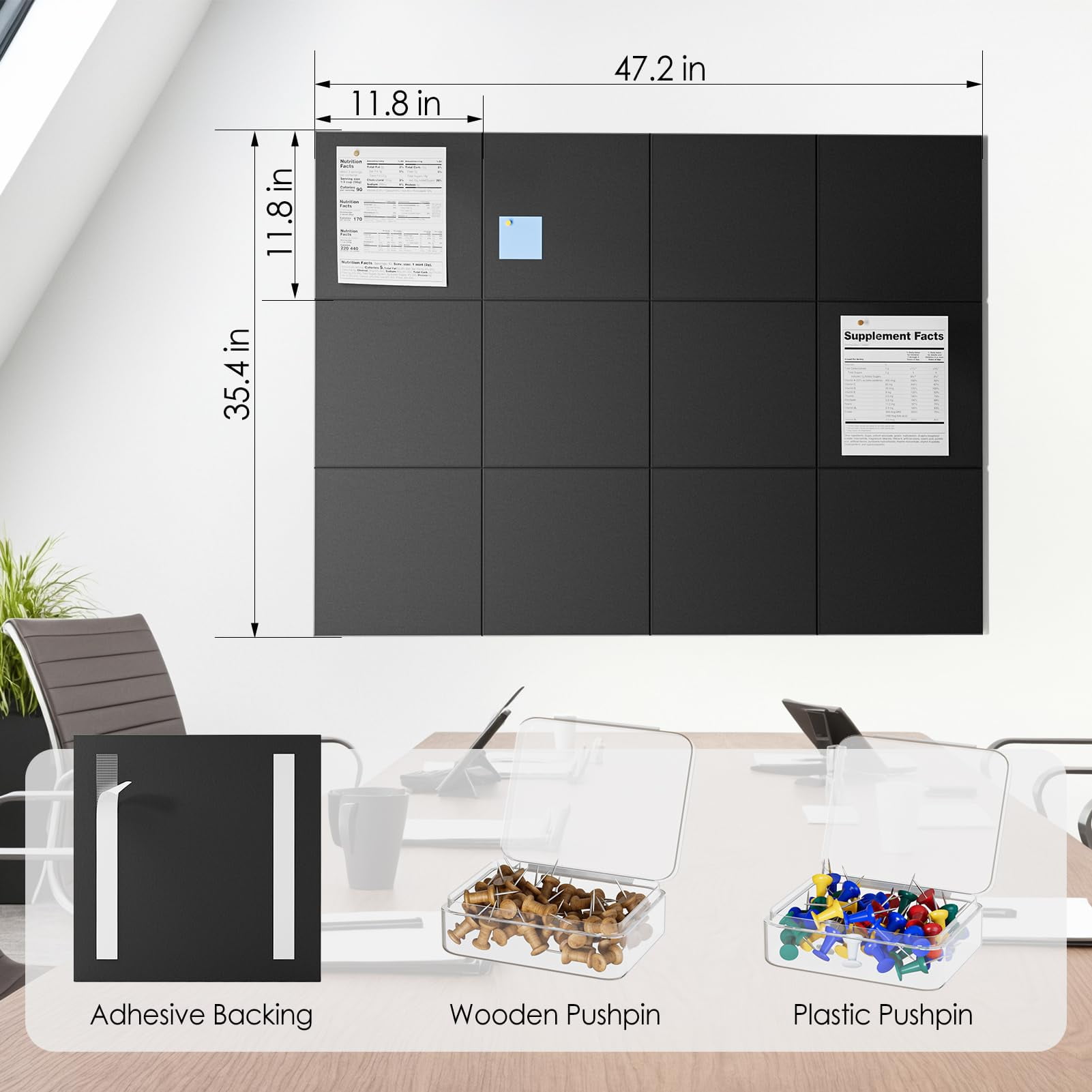 MaxGear Large Cork Board for Wall 48" x 36", 12 Pack Felt Wall Tiles with Pushpins, Black Bulletin Board, Pin Board Tack Board for Office, Home, Decoration