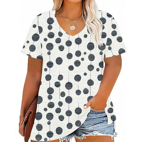 QUNYINEY V Neck Womens T Shirts Polka Dot Casual Short Sleeve Tops Going Out Plus Size Loose Pullover Shirts