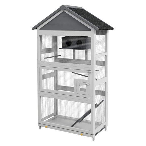 Wooden Bird Aviary - Large Bird Cage with Slide-Out Tray, Ladder & Perches for Finches, Parakeets - Gray Outdoor Birdhouse
