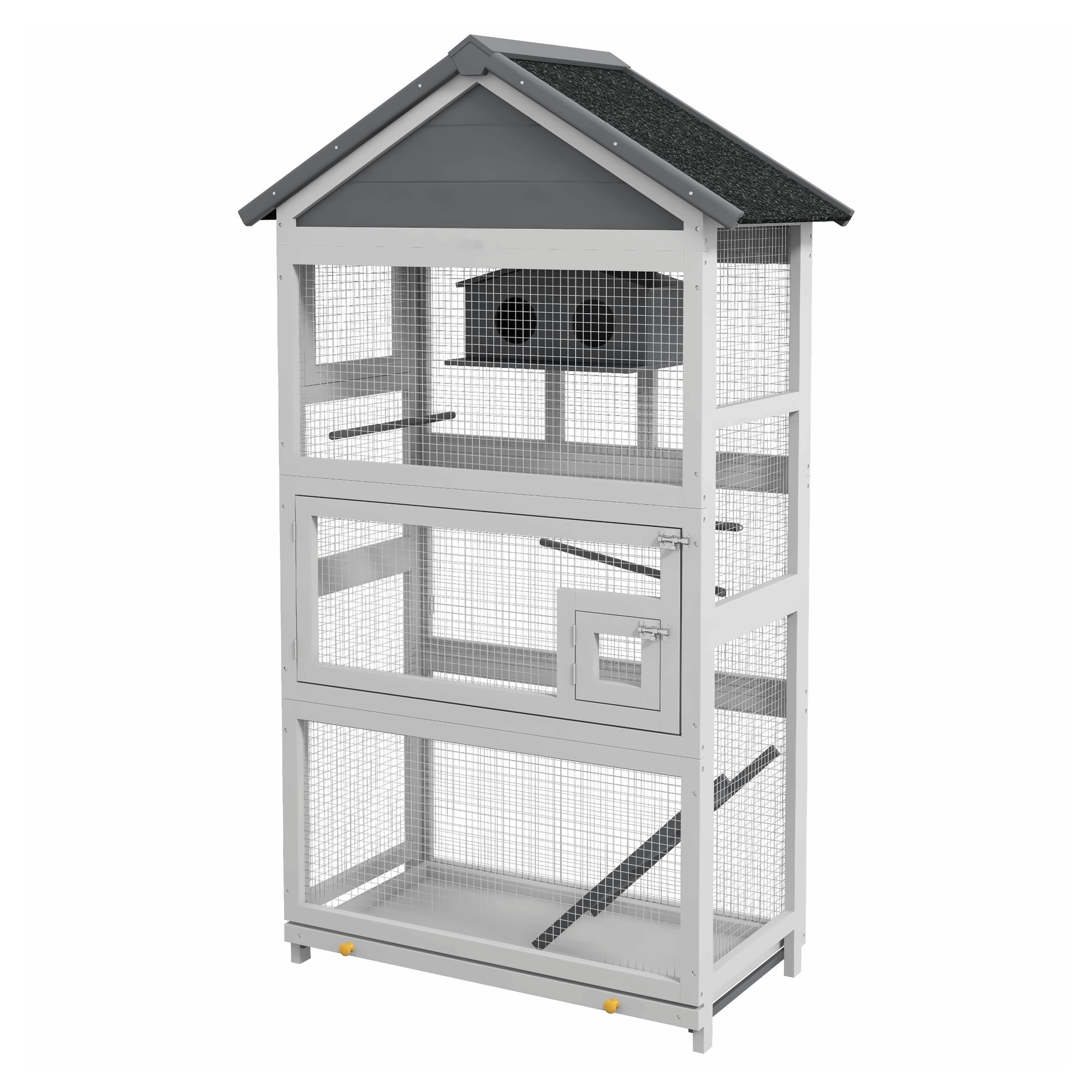 Wooden Bird Aviary, Large Bird Cage with Slide-Out Tray, Ladder & Perches for Finches, Parakeets - Gray Outdoor Birdhouse