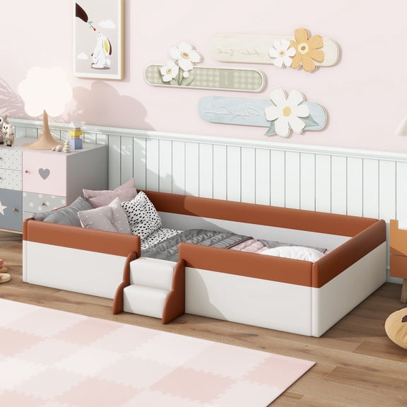 Bellemave Twin Size Floor Bed with Stairs and Fence Guardrails Floor Bed Frame with Bed Slats PU Leather Upholstered Daybed (Twin, White Brown)