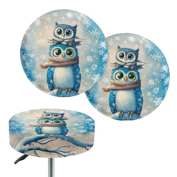 ZIATUBLE Christmas Owls Bar Stool Seat Covers Snowflake Stool Seat Covers Cushion with Elastic Bottom Stool Chair Covers Set of 2 Slipcover for Circle Chair Stools 12-14 Inch