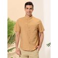thumbnail image 2 of Lars Amadeus Camisas de lino de manga corta con botones y bolsillo de cuello alto de color sólido de verano para hombre Caqui M, 2 of 6