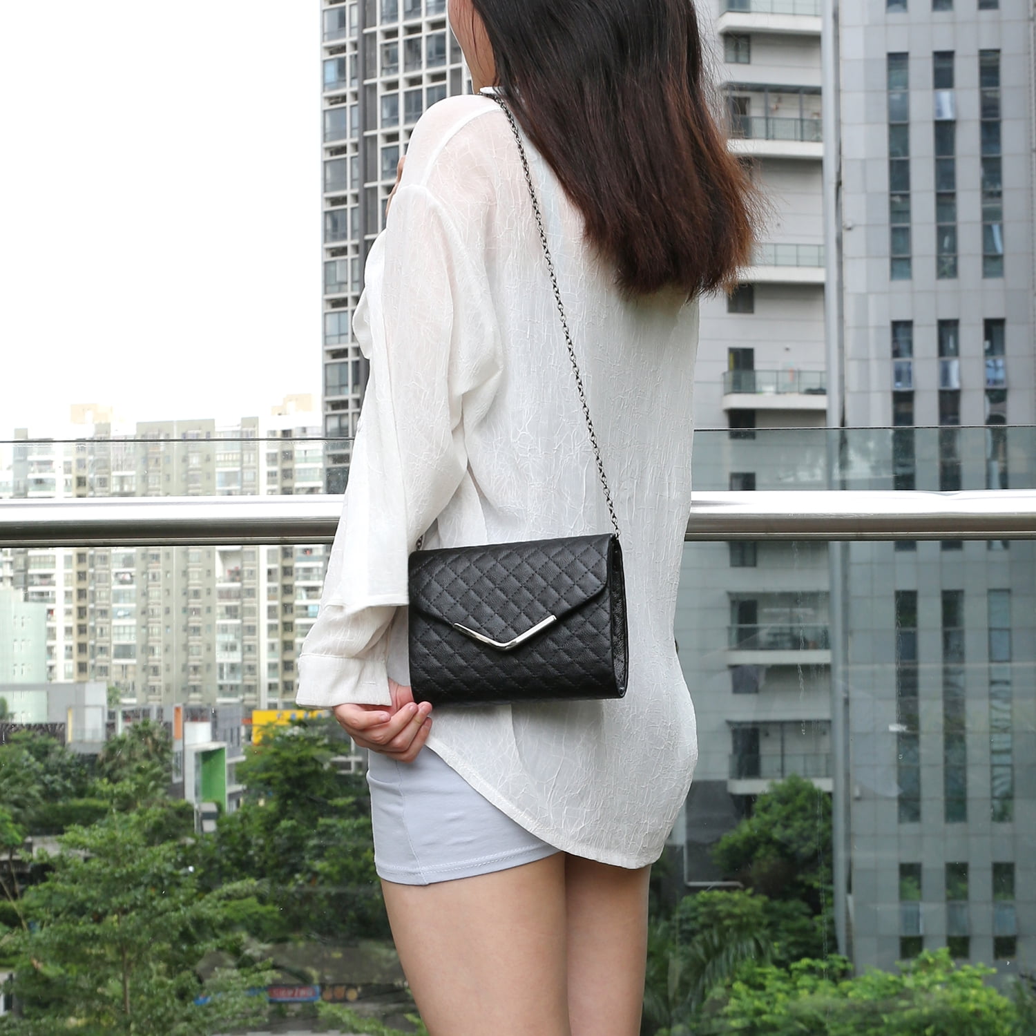 Quilted Texture Clutch Bag with Silver Chain Shoulder Strap for Women Travel Organization