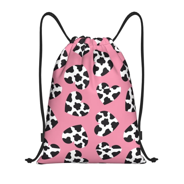 Kdxio heart with cow Pattern Drawstring Bag for Gym Sports School Travel Lightweight Sackpack with Adjustable Cords Waterproof Fabric-Medium