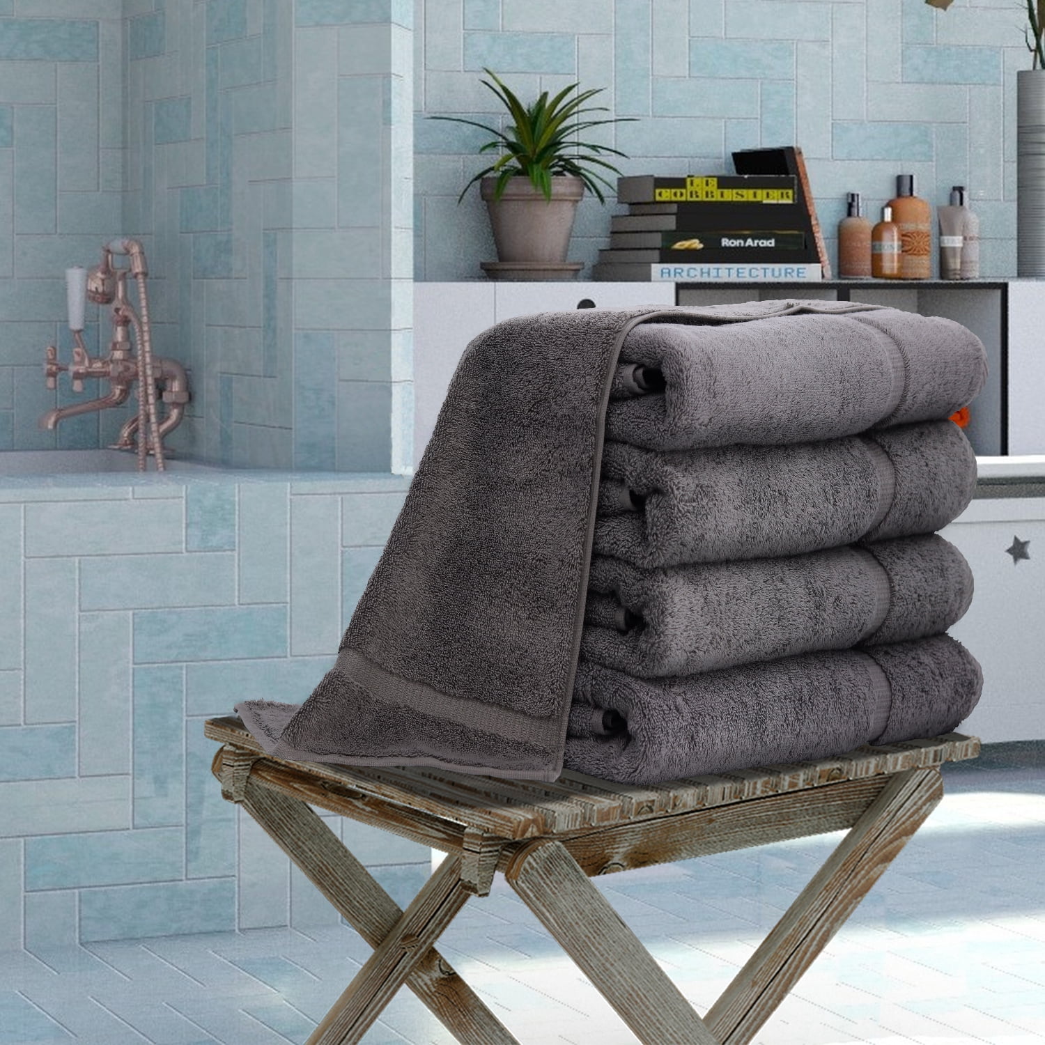 Luxury Hotel & Spa Collection Highly Absorbent, Quick Dry 100% Turkish Cotton 700 GSM, Eco Friendly Towel, for Bathroom Dobby Border Soft Bath Towel Set 27 X 54 -Gray, Bath Towels - Set of 4
