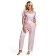 thumbnail image 4 of DAKIMOE Silk Satin Pajamas Set for Women Two-Piece Sleepwear Short Sleeve Pjs Soft Button Down Shirt and Wide Leg Long Pants with Pockets, 4 of 7