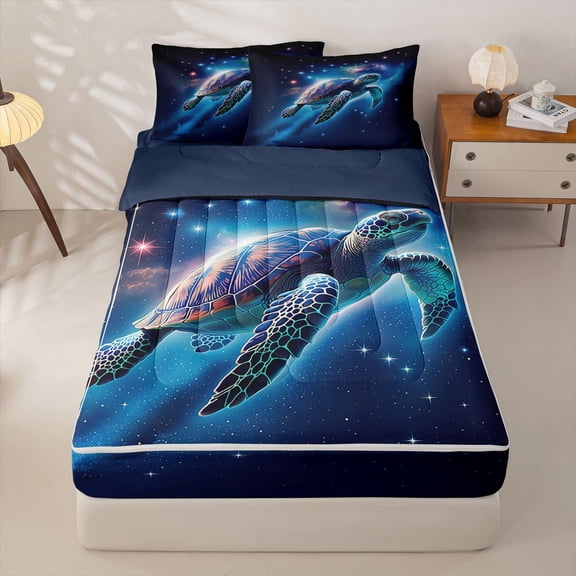 Manfei Neon Glow Sea Turtle Zipper Twin Comforter Sets with Fitted Sheet and 2 Pillowcases for Kids Boys and Girls, Starry Sky Universe Zipper Bedding Set, Navy Reversible, 4pcs