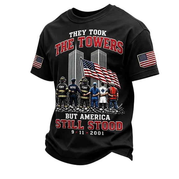 9/11 25th Anniversary Never Forget Men's T-Shirt - Casual Memorial Pullover with Short Sleeve and Classic Crew Neck for Daily Tribute Black L