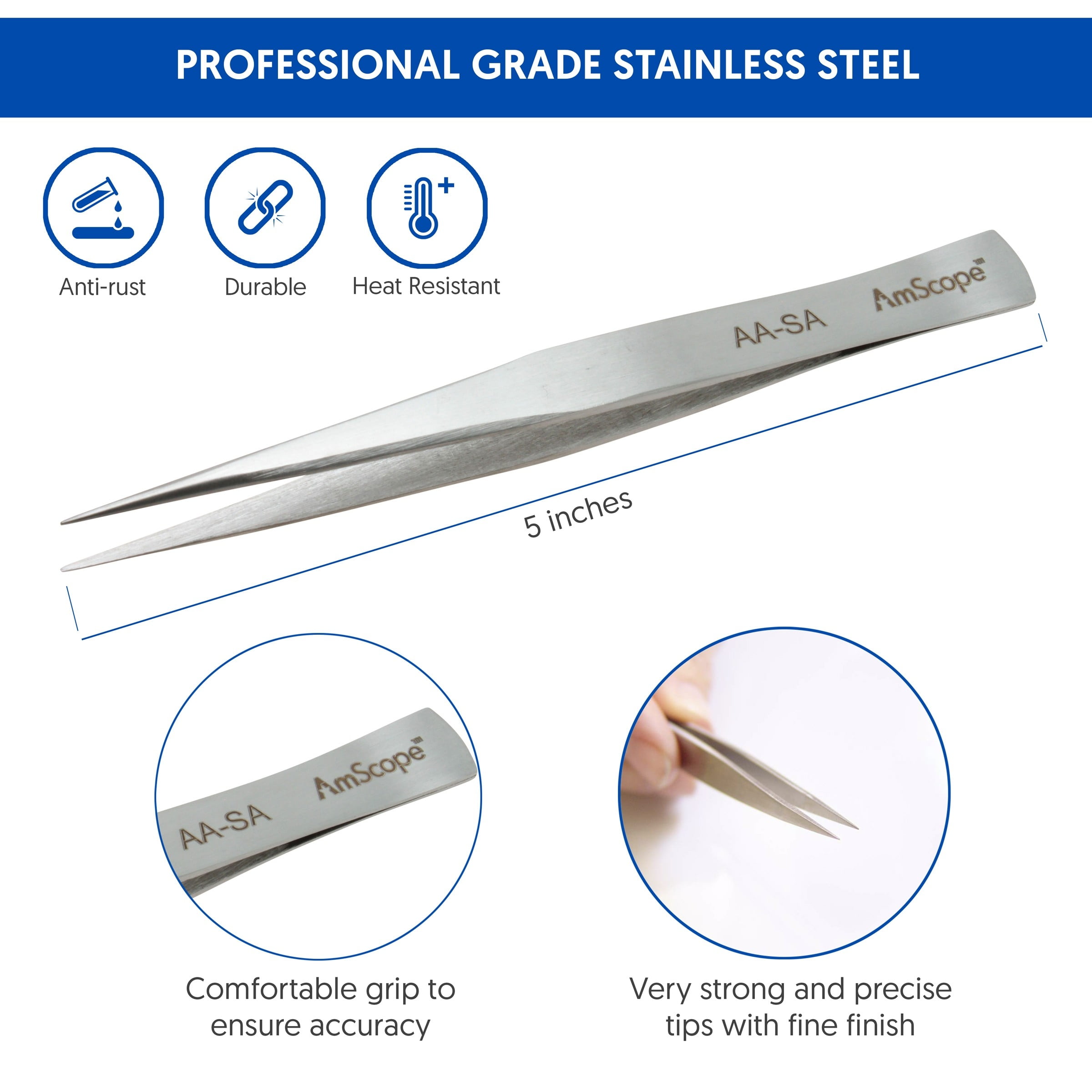1 pc High Precision 5-inch Straight Precise Tip Tweezers AmScope