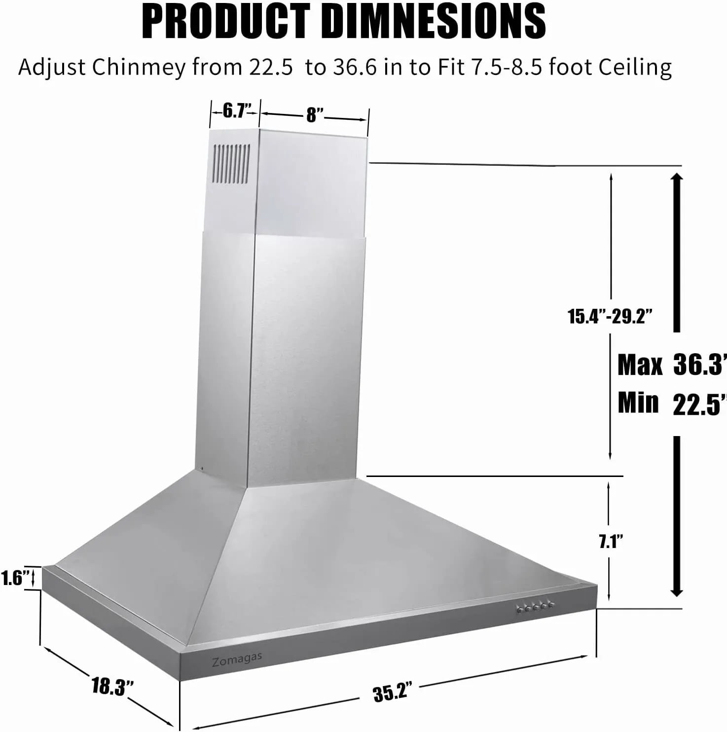 36" Wall Mount Range Hood 450CFM 120V - Stainless Steel with 3-Speed Control & LED Light